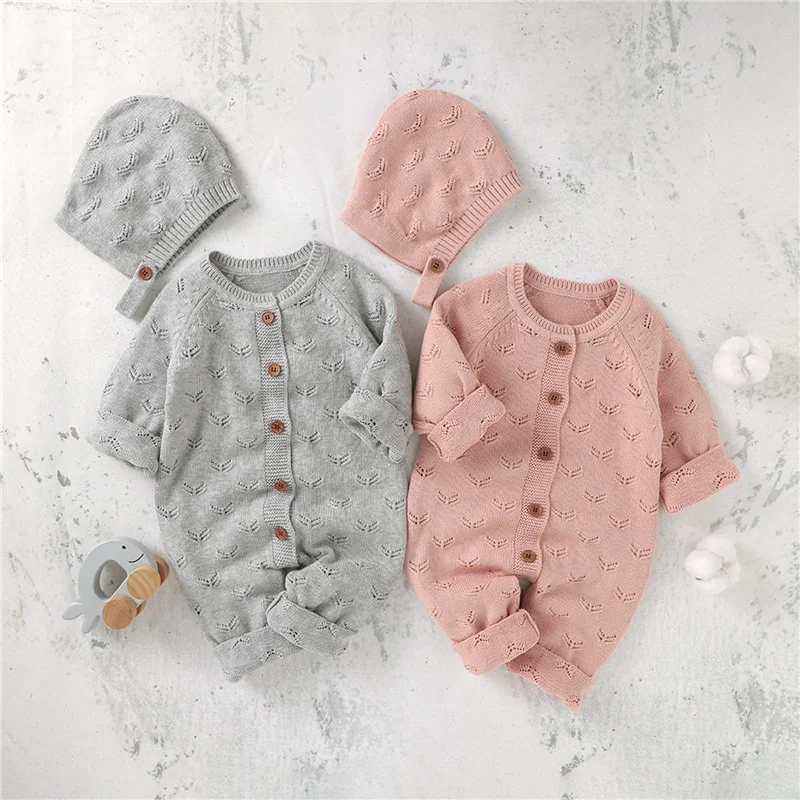 

2Pcs Baby Autumn Winter Warm Outfit, Solid Color Knitted Long Sleeve Buttons Romper +Hat for Toddler Girls, Boys, 3-24 Months