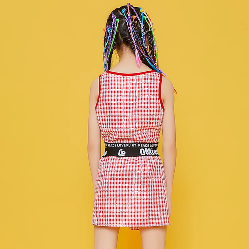 

Girls Hip Hop Clothing Modern Dance Costumes Red Plaid Outfits Children's Day Jazz Performance Wear Cheerleader Suit DNV14678