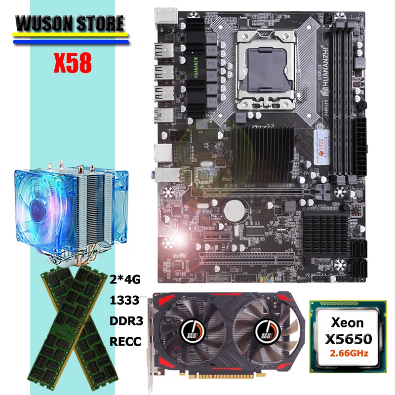 Verkaufen HUANANZHI X58 M-ATX Motherboard Combo CPU Intel Xeon X5650 2,66 GHz Mit Heizkörper Große Marke RAM 8G REG ECC Video Karte GTX750Ti 2G
