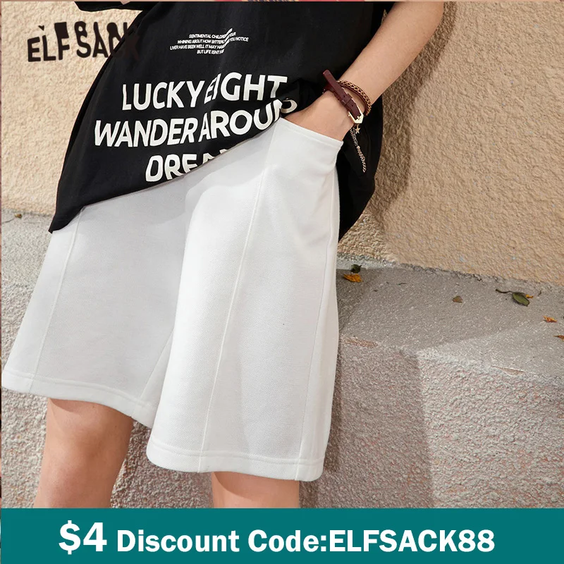 

ELFSACK Solid High Waist Smart Casual Women Wide Leg Shorts 2021 Summer ELF Pure Chic Korean Ladies Basic Daily Straight Bottoms