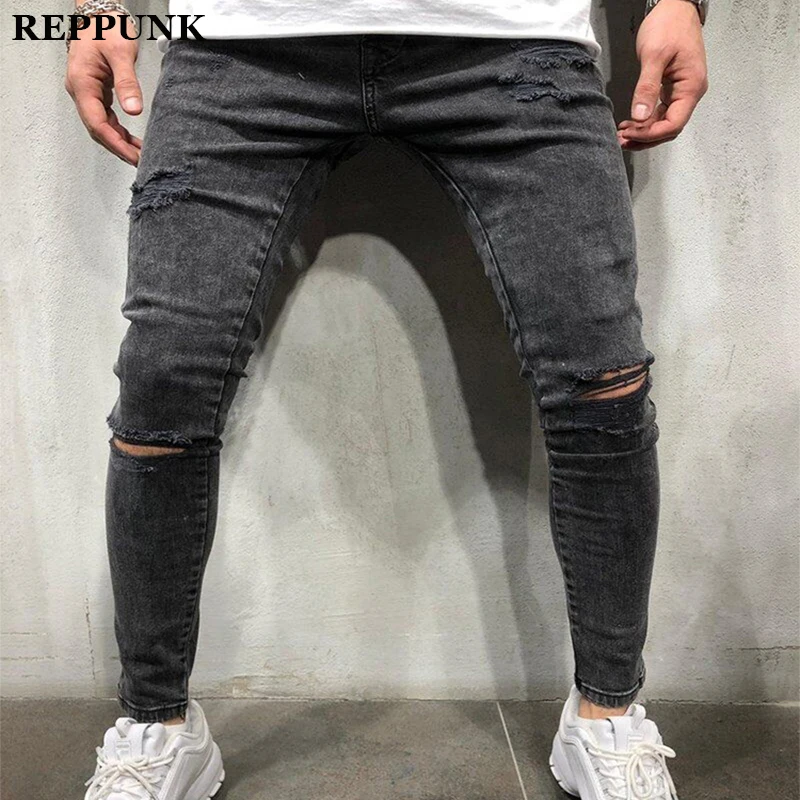 2020 Black Stretch Skinny Fit Bottom zipper Jeans Men Knee Ripped Distressed Hole biker jeans Pants Hip Hop Street Big Size XXXL | Мужская