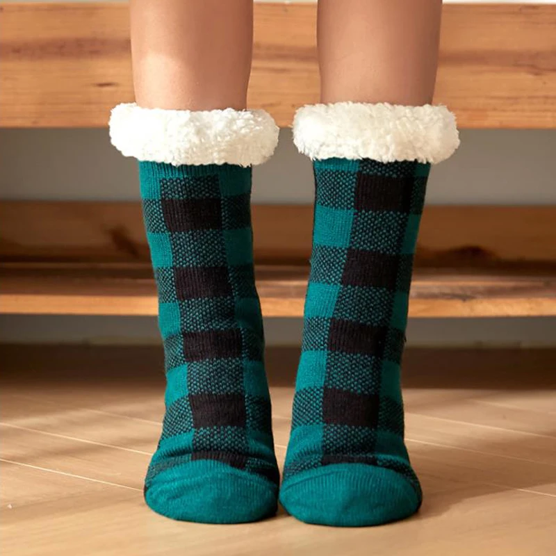 Women Winter Socks Plus Cotton Thicken Sleep Keep Warm Stocking Fashion Plaid Christmas Gift Lady Cute Home Floor Socks 2021 New