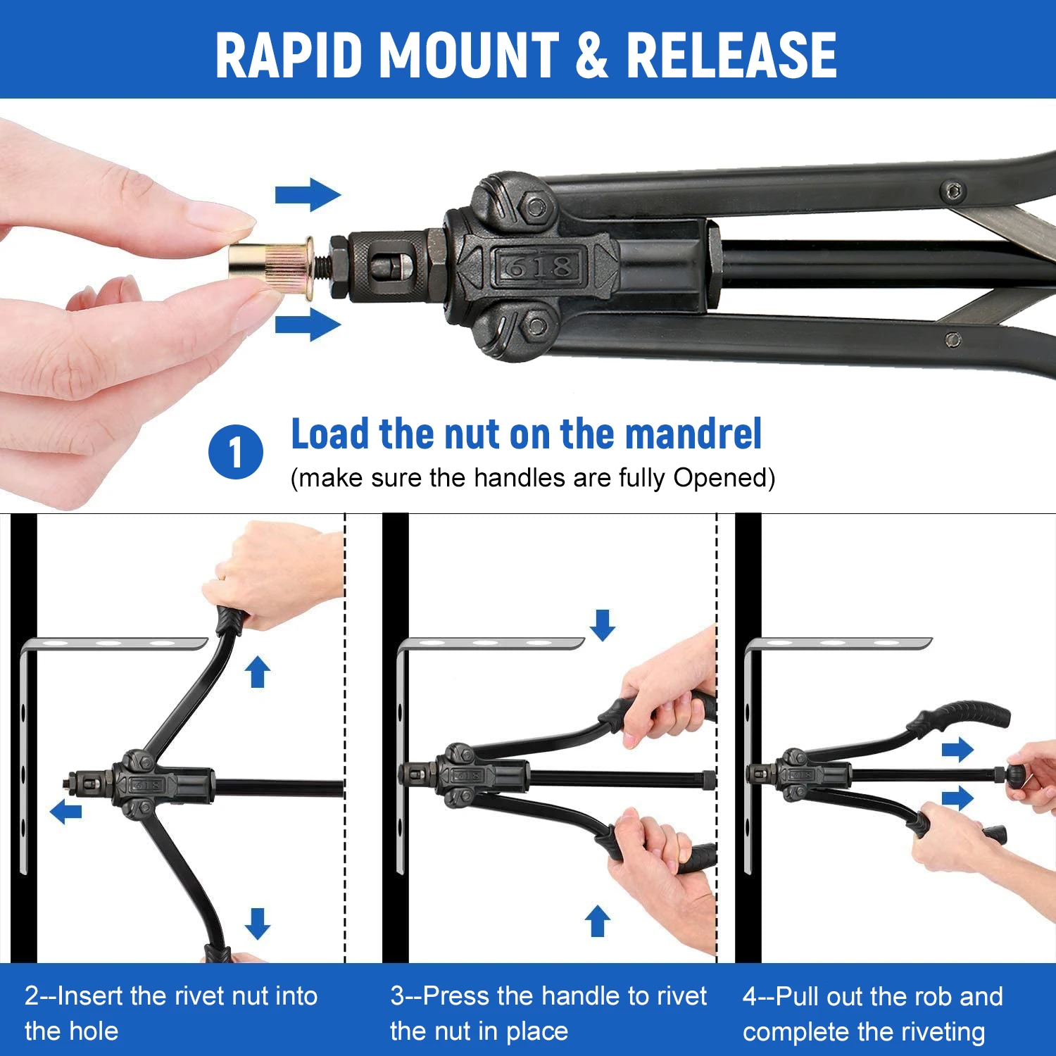 

Professional Rivet Nut Tool 15in Manual Riveter Threaded Nut Riveting Kit with 7Pcs Metric Mandrels M3 M4 M5 M6 M8 M10 M12