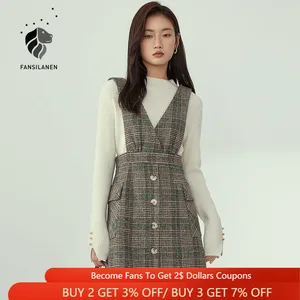 FANSILANEN V Neck Sleeveless Wool Blend Plaid Dress Women Autumn Winter Elegant Short Blazer Dress Office Lady Vintage Dress FANSILANEN V Neck Sleeveless Wool Blend Plaid Dress Women Autumn Winter Elegant Short Blazer Dress Office Lady Vintage Dress