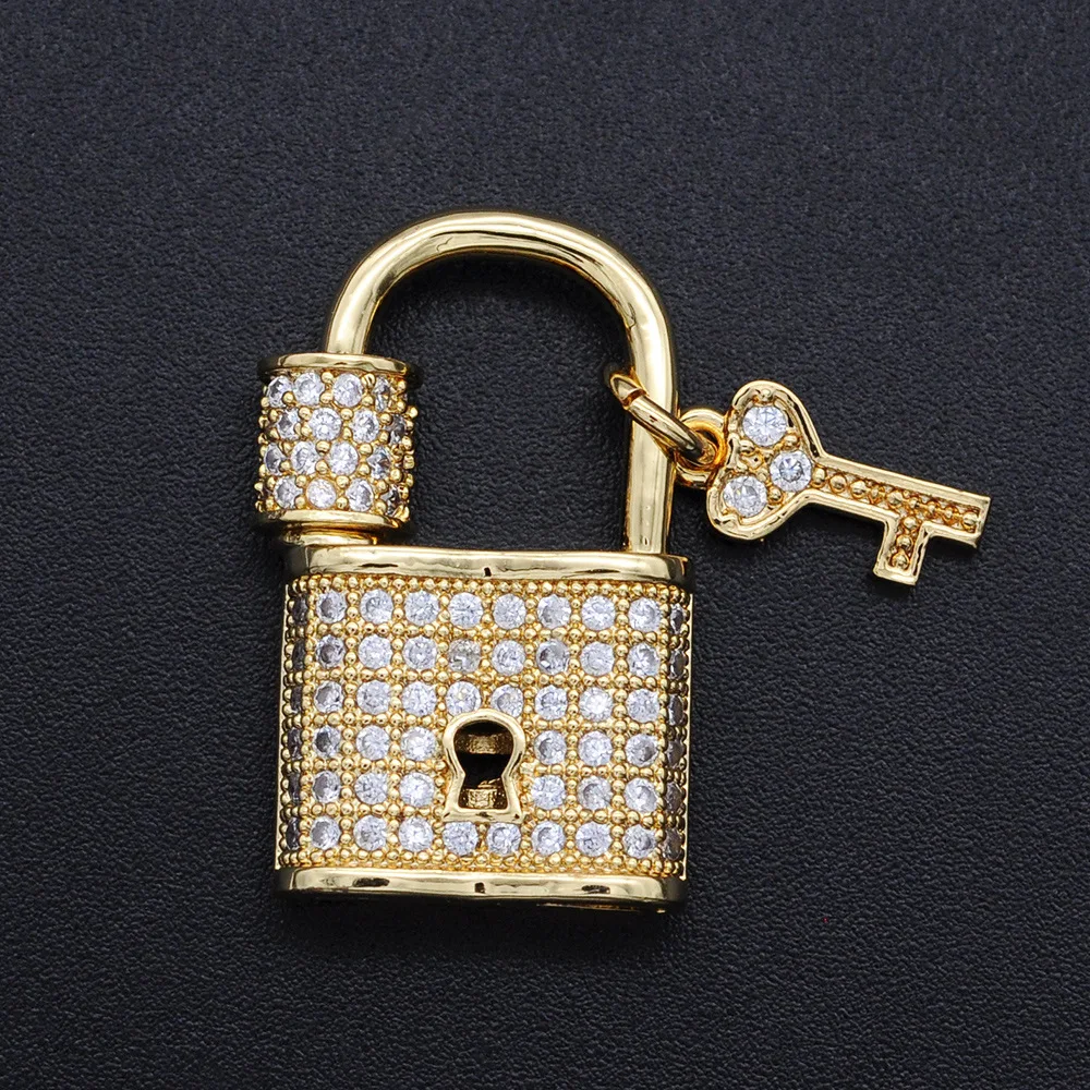 2pcs  Fashion Micro Paved CZ Fastener Clasp Padlock Key Screw Clasps Charms for Necklace Women Jewelry