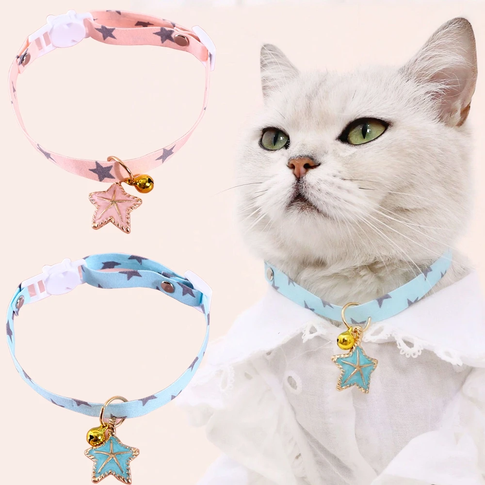 

Breakaway Cat Collar with Bell and Starfish Pendant Star Patterns Adjustable Safety Buckle Kitten Collars for Pets Puppy Dogs