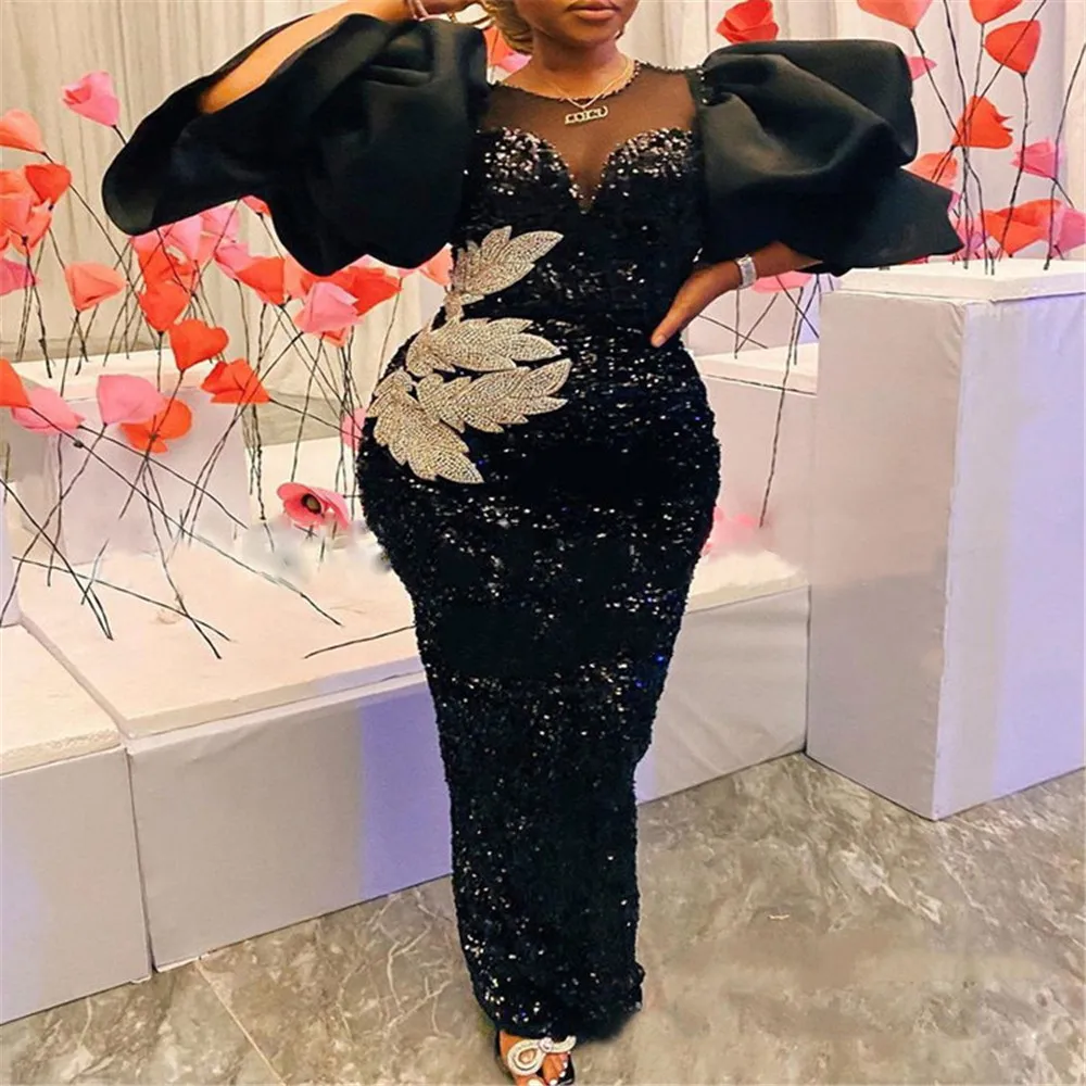 

Весенне-осеннее черное платье с высокой талией в европейском и американском стиле большого размера с оборками и вышивкой пайетками