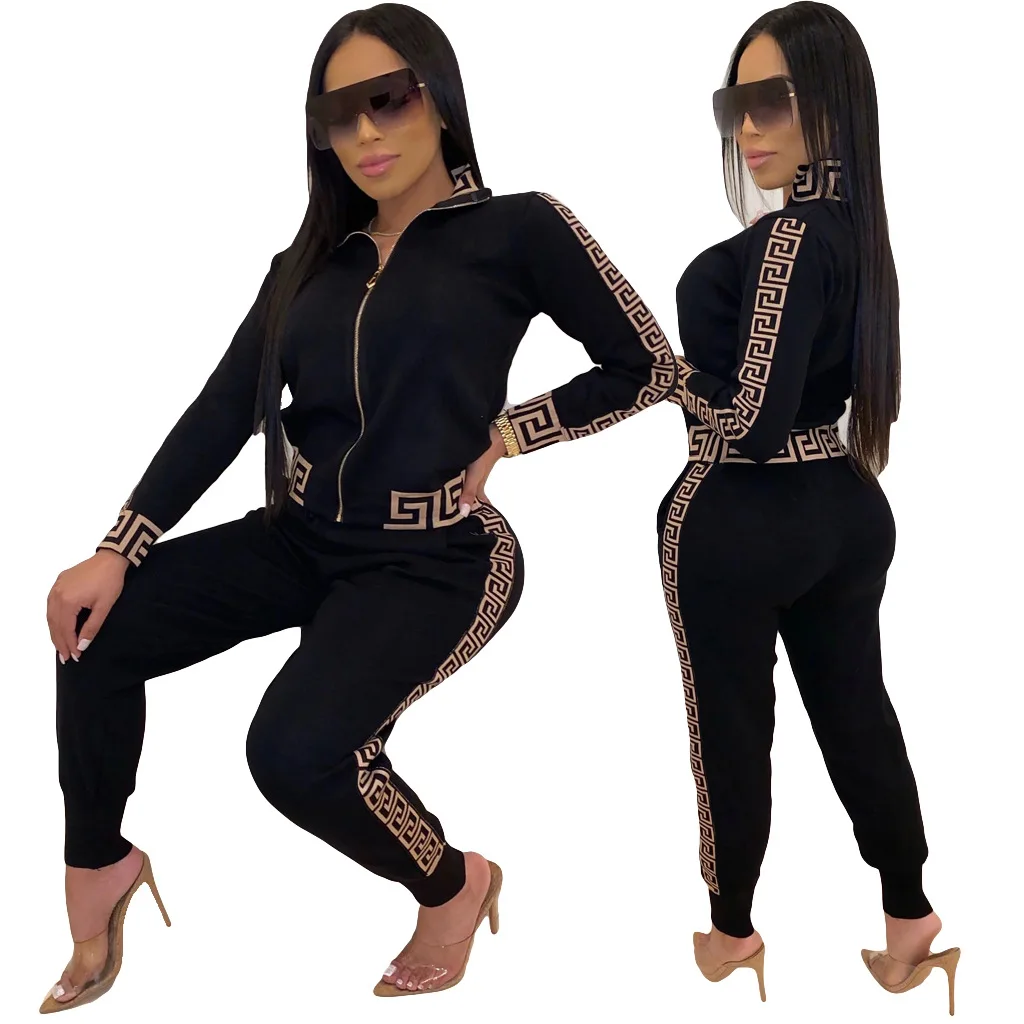 

2021 Tracksuits Women Elegant Two-Pieces Suit Sets Female Stylish Plus Size Greek Fret Print Coat & Pant Zip Sets Joggers Women