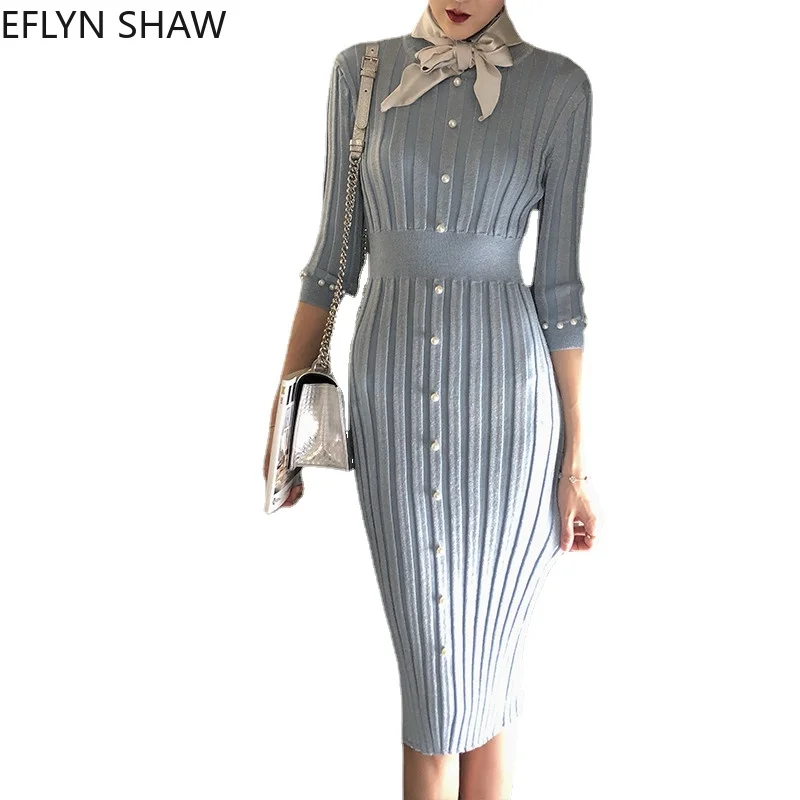 

Autumn Winter Women Knitted Dress Cute Bow Tie Bodycon Work Dress Fashion Elegant Pearl Button Slim Sweater Dress Vestidos