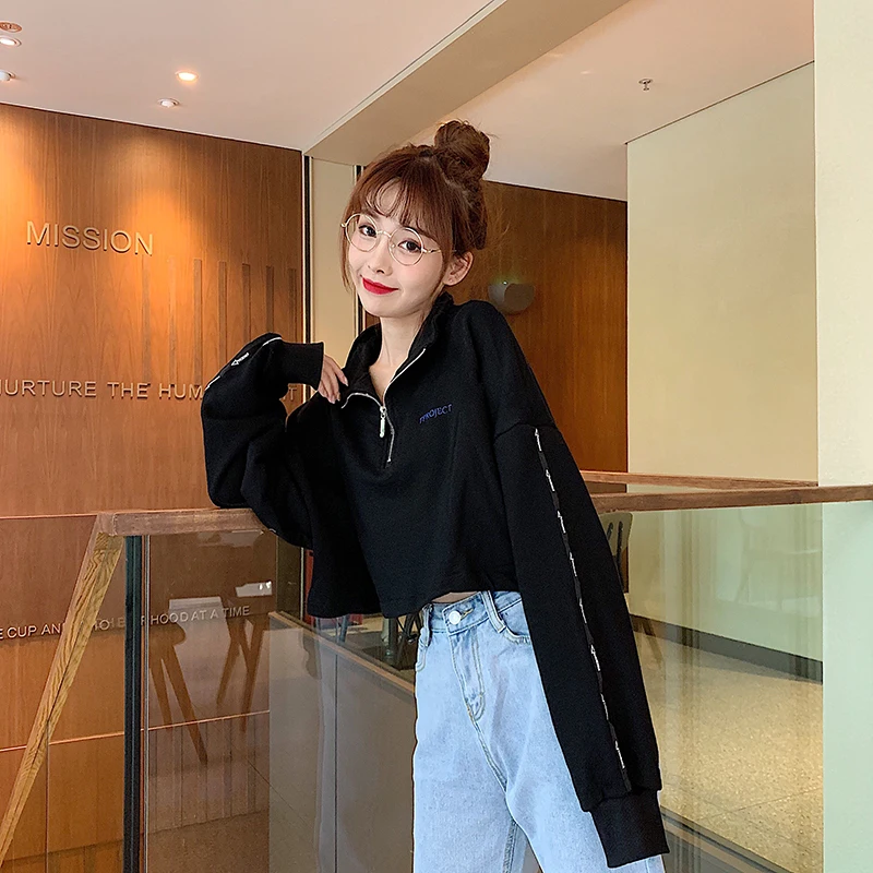 

ZOGAA Hoodies Women Trendy Harajuku Kpop Female Hot Sale Street Style Sweatshirt Zipper Popular Crop Tops Simple Elastic Waist