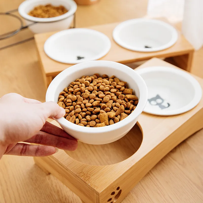 Миска для собак бамбуковый держатель кормушка кошек керамические двойные миски