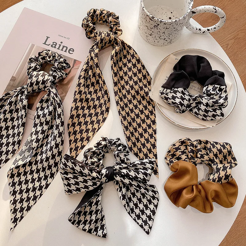 

New Houndstooth Satin Hair Ribbons Accessories Fashion Vintage Plaid Hair Ties Silk Grid Bow Rubber Bands Headbands Wholesale