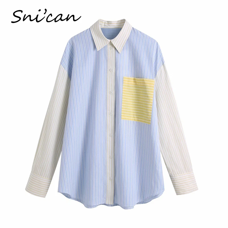 

Spliced Patchwork Oversize Blouse Women Spring Casual Ladies Striped Shirts Za Female Tops Plus Size feminino Sobrecamisa Mujer