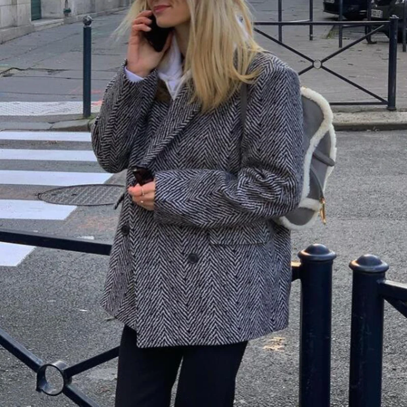 

Винтажный двубортный шерстяной Блейзер в полоску Holiwind 2021, новинка, Женское пальто с длинным рукавом и отложным воротником на осень и зиму, к...