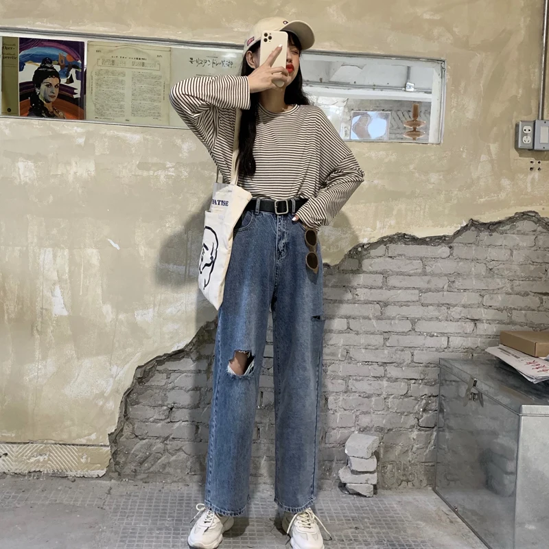 

Spring Korean Style 2021 New High Waist Slimming Holes Personality All-Match Blue Jeans Trousers Women's Clothing Student