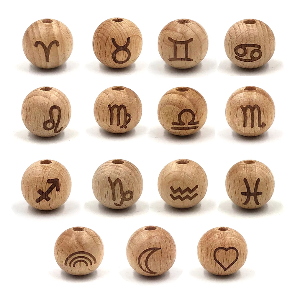 

15pc Natural Beech Beads 12 Constellation Love Month rainbow Wooden Round Beads Diy Pacifier Clip Wood Qrganic Toys Bead 16-20mm