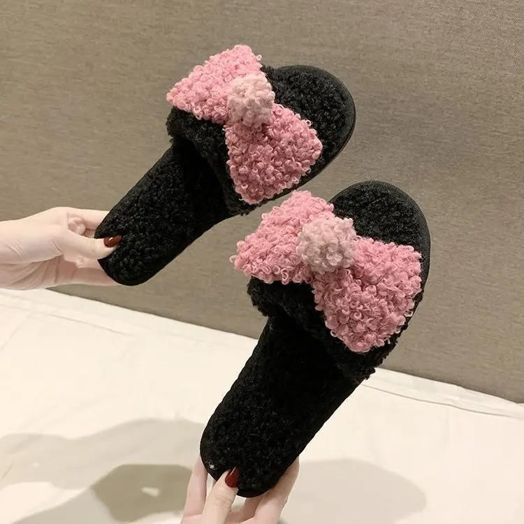 New Home Cute Bowknot Cotton Slippers Ladies Autumn and Winter Comfortable Slippers Furry Slippers Women Fashion Women's Shoes