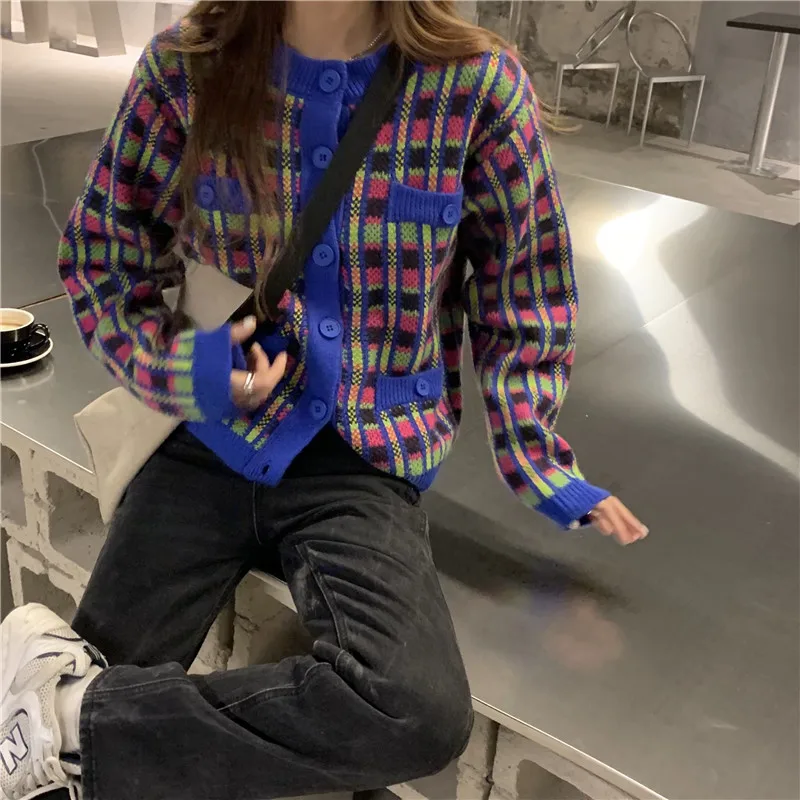 

Plaid Knitted Women Cardigan Sweater Full Sleeve Single-breasted O-neck Stylish Tops Korean Elegant Vintage Jumpers Femme 2021