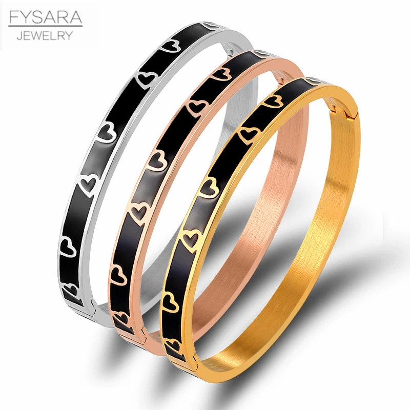 FYSARA Vintage Black Enamel Bangles &amp Bracelets For Women Gold Heart With Resin Stainless Steel Jewelry Bijoux | Украшения и