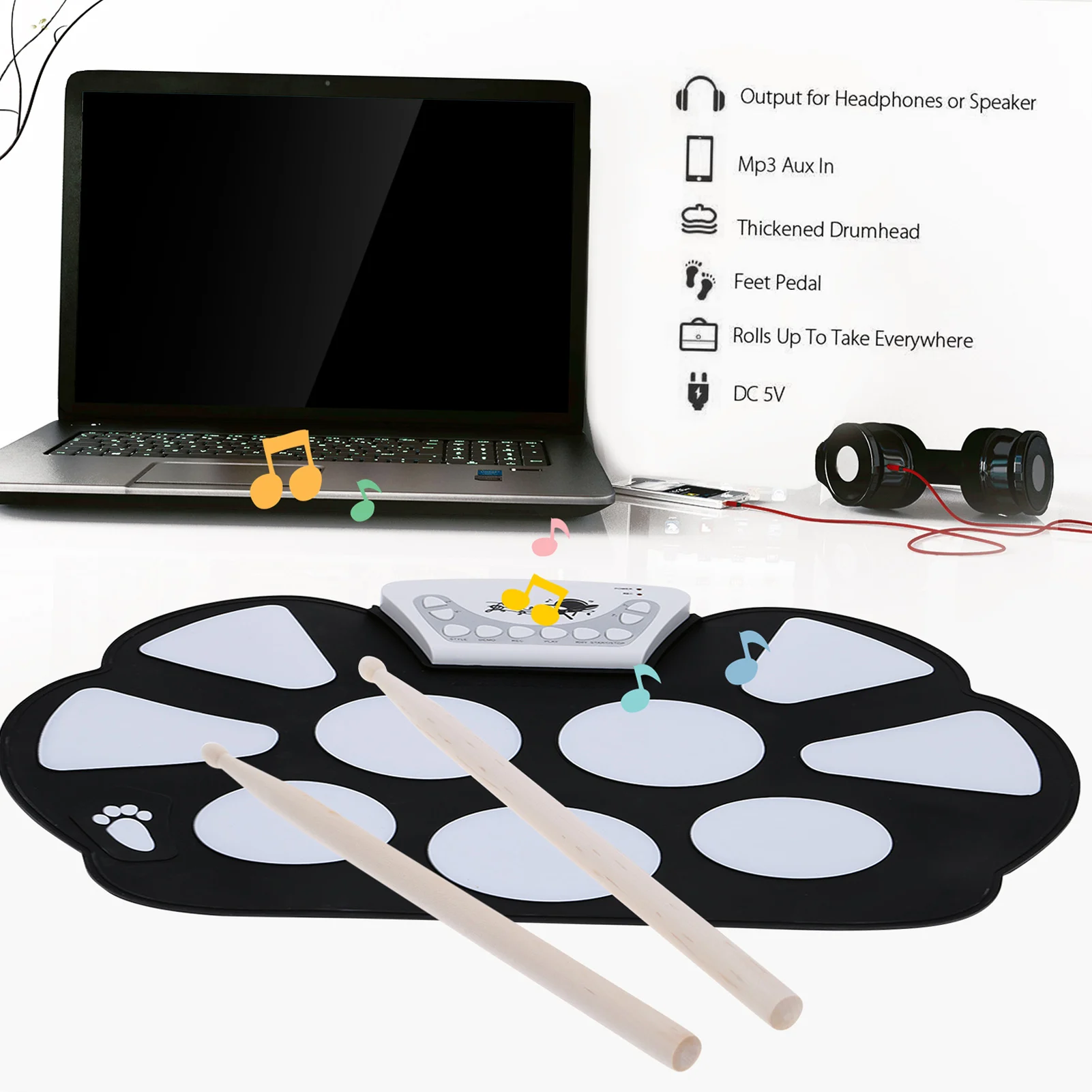 

Портативный электронный барабан Pad Kit Силиконовый складной с палкой