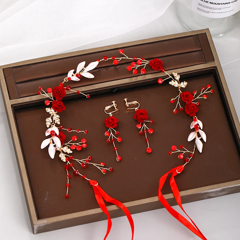 Женский ободок для волос с красными розами набор сережек ручной работы украшения