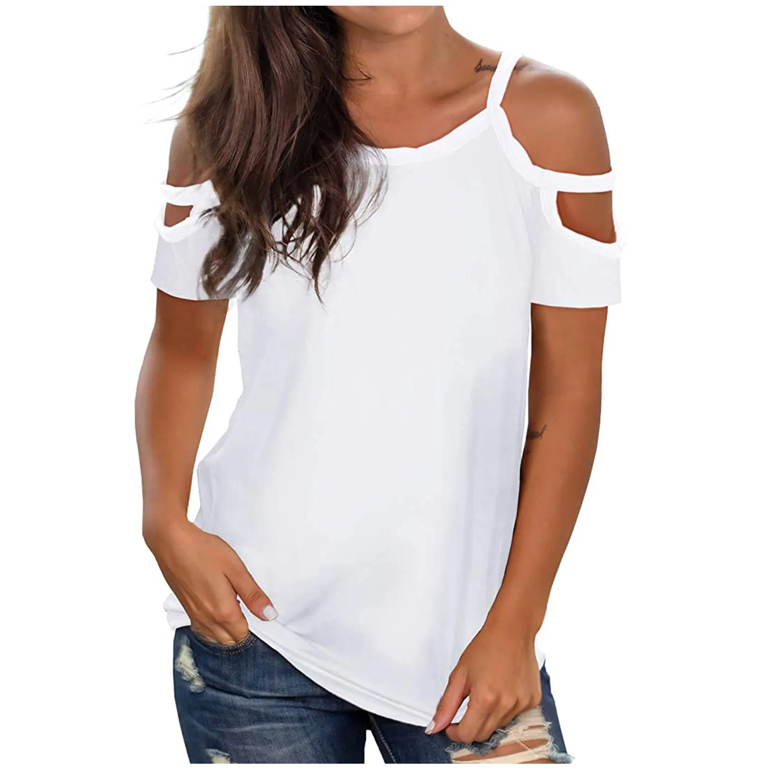 

Women's Oversize Tops Summer Casual O-Neck Hollow Out Solid Color Short Sleeve Tops Fashion Female Tops Blouse#35