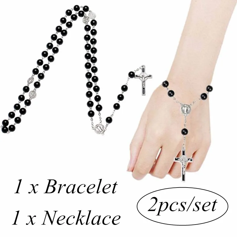 

2021 2 PCS/Set Black Cross Pendant Religious Necklace Dripped with Oil Cross Rosary Bracelets Jewellery Set For Women