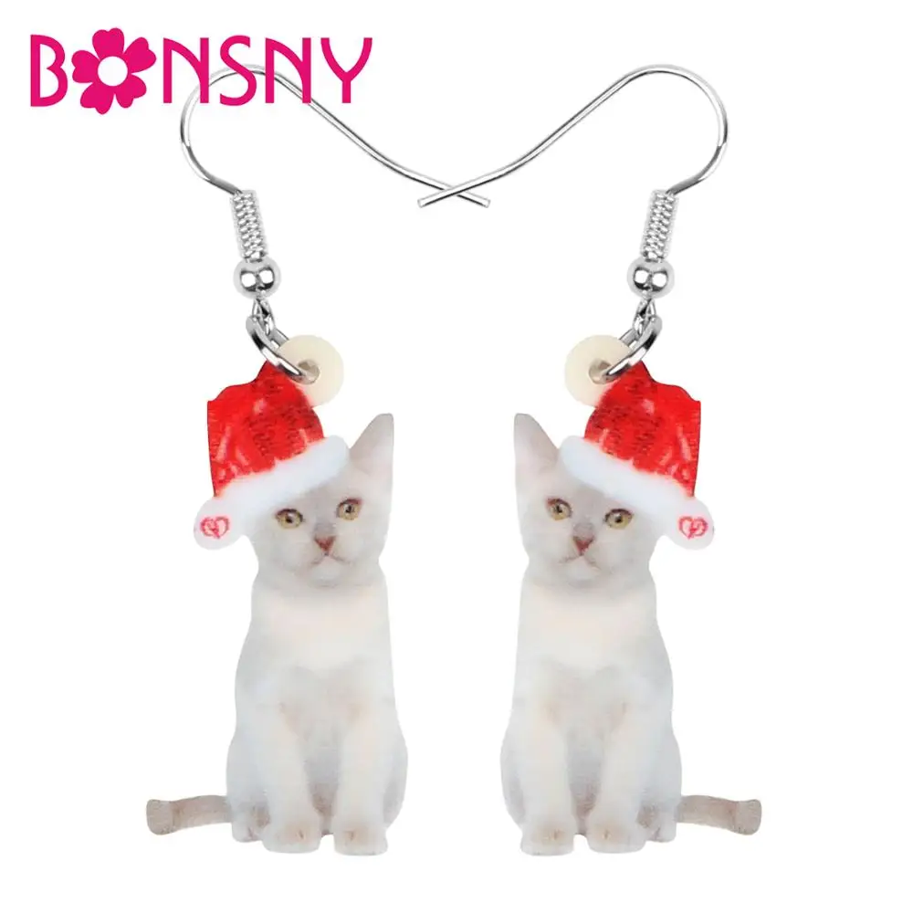 

Bonsny Acrylic Christmas Hat Birman Cat Kitten Earrings Drop Dangle Animal Pets Jewelry For Women Girls Teens Party Charms Gift