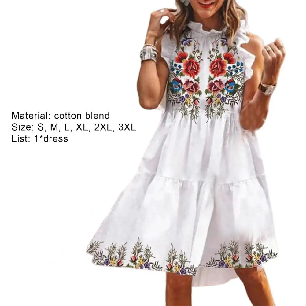 

Fashion Dress Floral Print Loose Women Sleeveless Knee-length 2021 O-Neck Short Petal Sleeve Dress Casual Elegant Party Dress