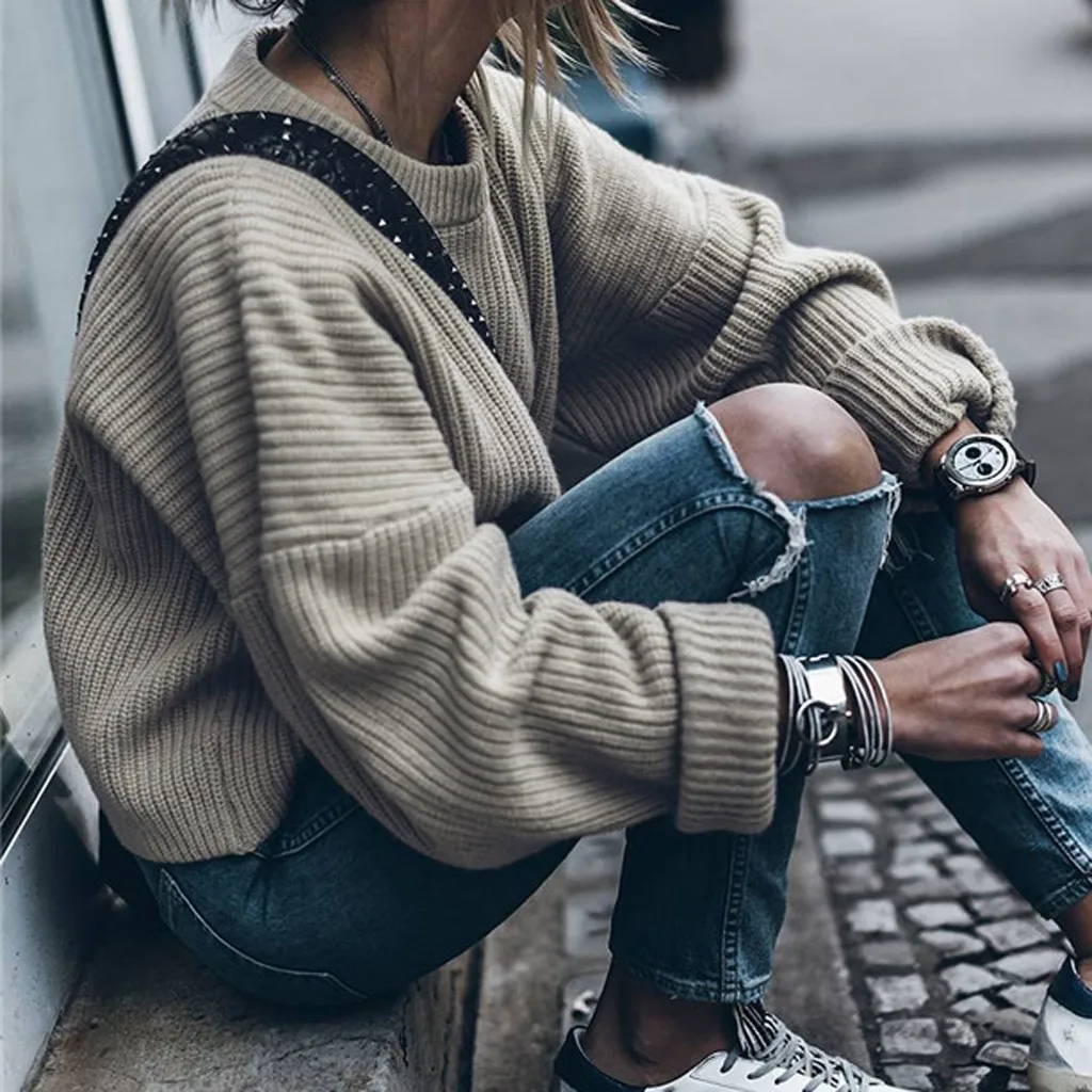 Женский свитер с длинным рукавом и круглым вырезом повседневный однотонный