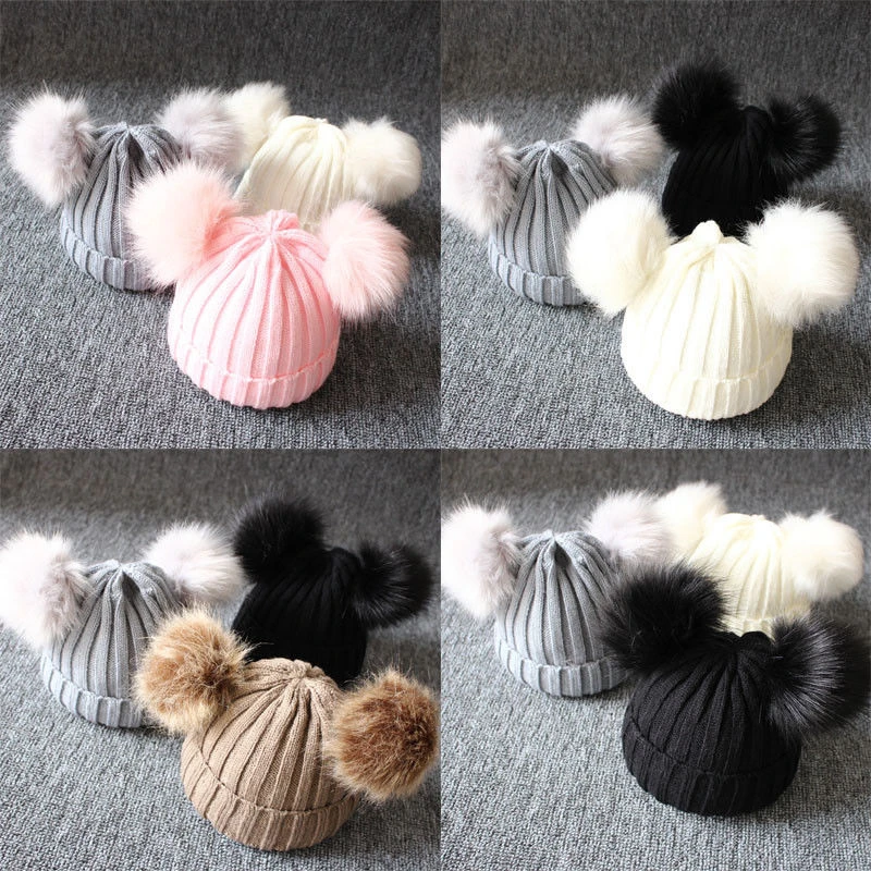 От 1 до 3 лет вязаная шапка для новорожденных с двумя помпонами мальчиков и