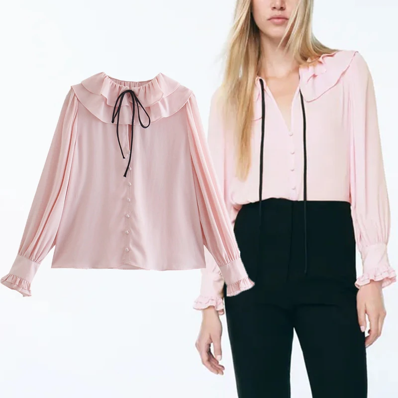 

ZA Spring Autumn Women Solid Blouse Shirts 2021 Ruffles Collar Single Breasted Casual Top Flare Long Sleeve Female Shirt