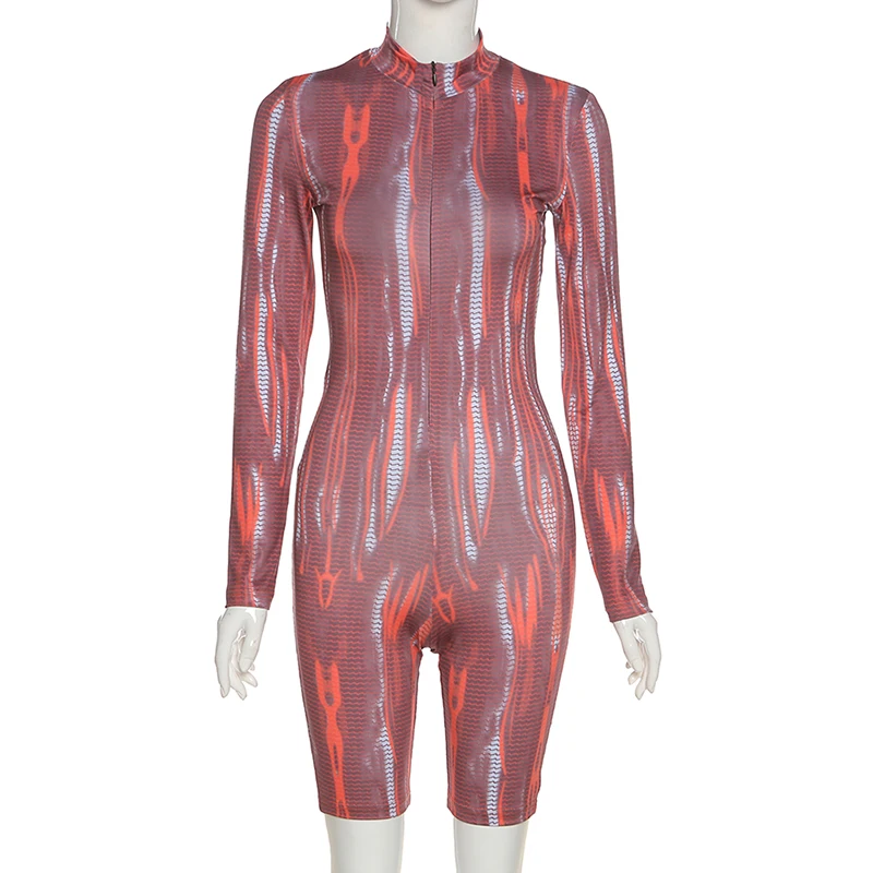 

Serpentine Pattern Pannel Printed Zipper Front Romper Women Playsuit Skinny Elastic Casual Streetwear Female Autumn Outfit
