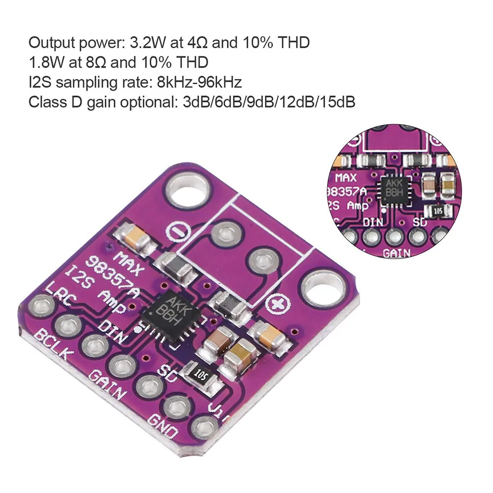 MAX98357 I2S Filterless Breakout Interface Class D Small Efficent Sound Compact Audio Amplifier Module For Raspberry Pi Esp32 |