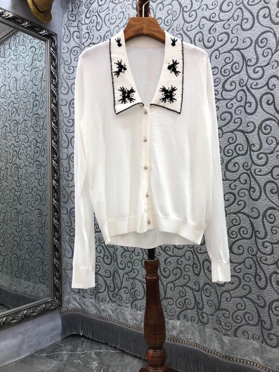 

2021 new women fashion embroidery color matching lapel decorative buttoned long-sleeved all-match knitted top 805