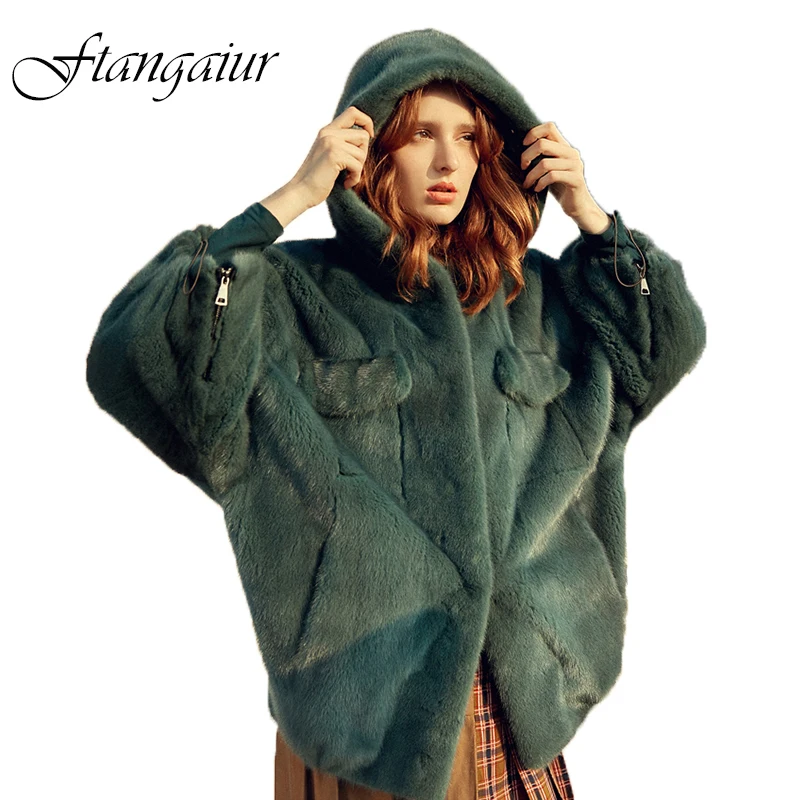 

Ftangaiur New Winter Import Velvet Mink Fur Coat With Fur Hood Pocket Loss Mink Coat Women Medium Natural Real Mink Fur Coats
