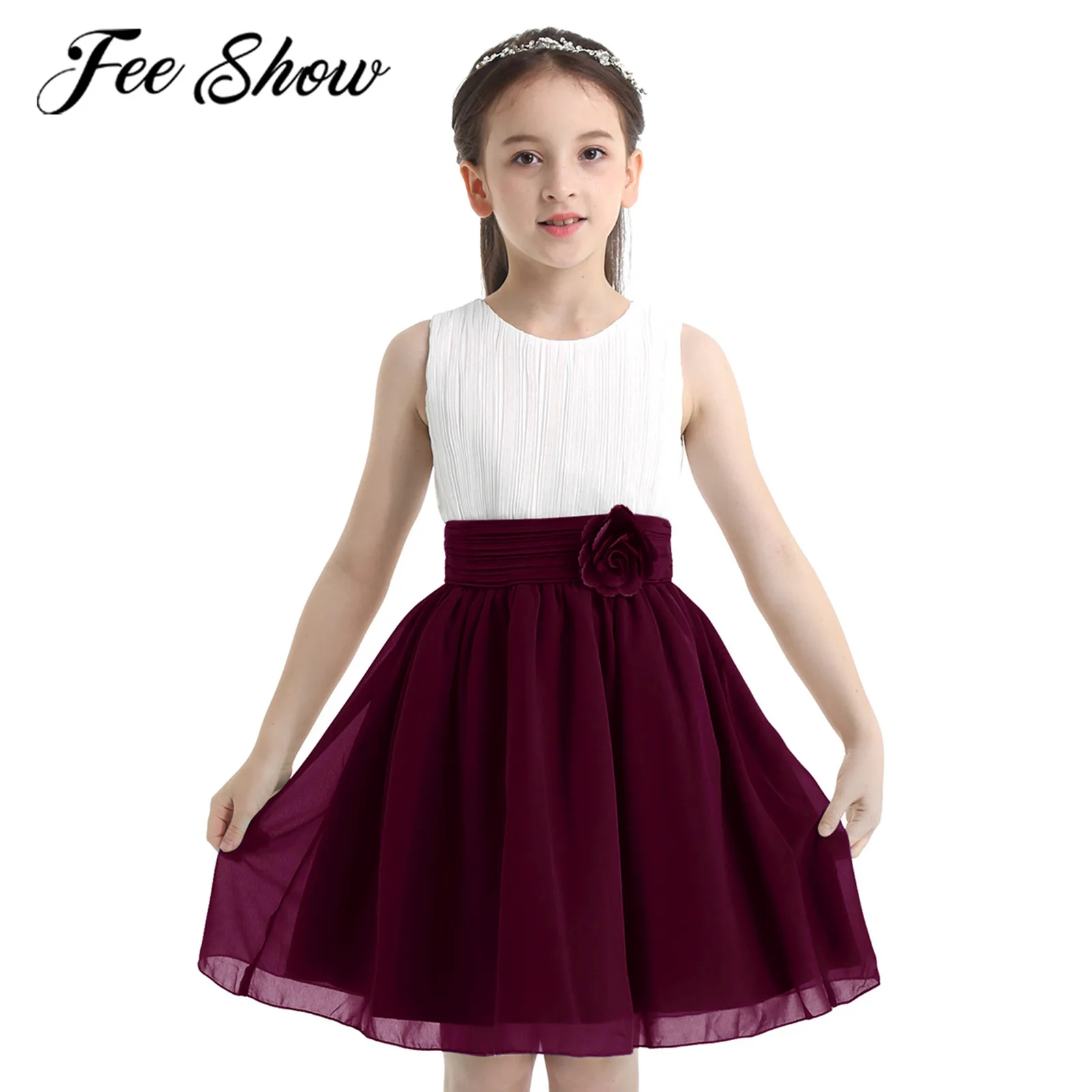 

Flower Girl Dress Girl's Pleated Dress With Flower Brooch Kids Dresses for Girls Wedding Party Little Bridesmaid Clothes Vestido