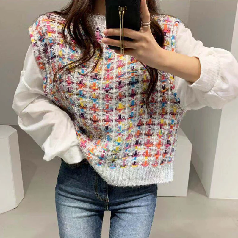 Женский трикотажный свитер Woherb с имитацией двух предметов элегантный клетчатый