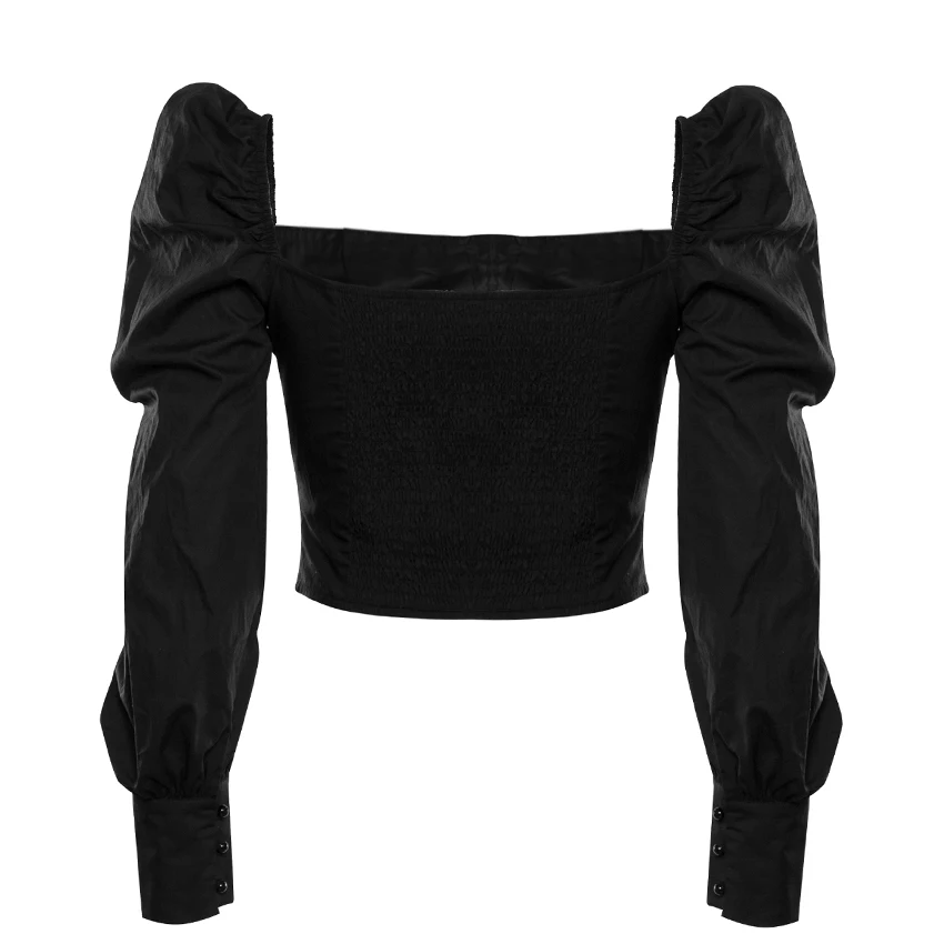 OOTN однобортный сексуальный черный укороченный Топ для женщин, с рюшами, с пышными рукавами, с квадратным воротником, блузки, женские осенние повседневные рубашки с длинным рукавом
