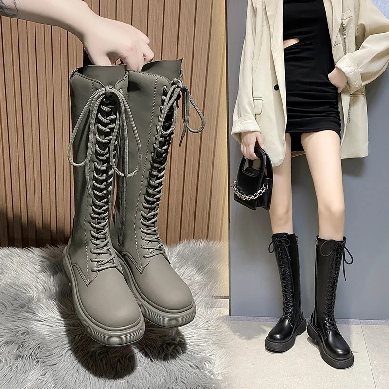 2021Winter Shoes For Women Platform Martin Boots Autumn Fashion Thick Bottom Slim Fit With  Mid -Calf  Lady Botas De Mujer