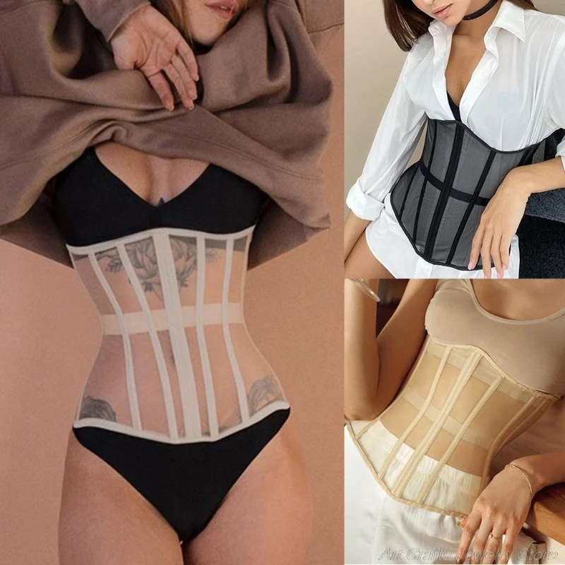 

Women Sexy Sheer Mesh Underbust Corset Top Crisscross Lace-Up Bandage Bustier Slimming Waist Belt Cincher Body Shaper A07 21