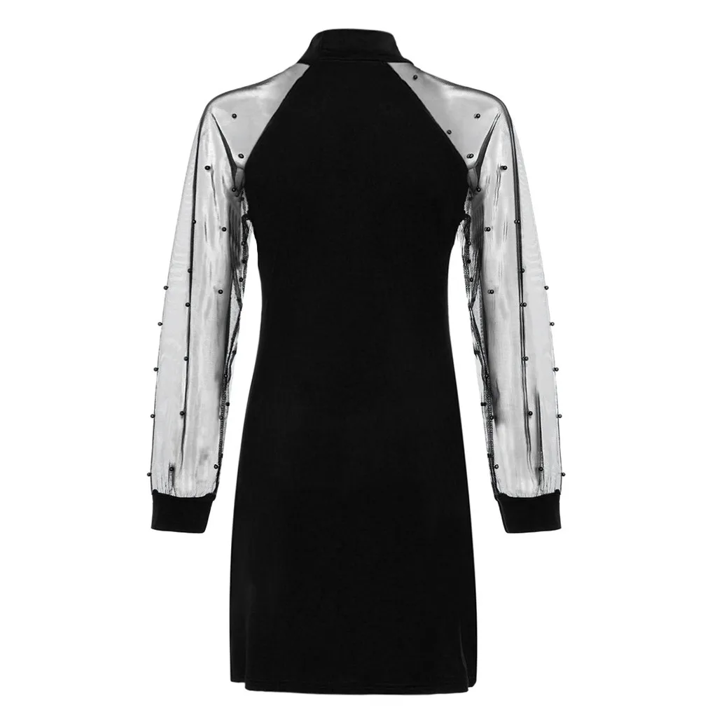 

Women's Pearl Beading Mesh Sleeve Dress Chiffon Long Sleeve A-Line Mini Party Dress Hollow Out Temperament Casual Dress