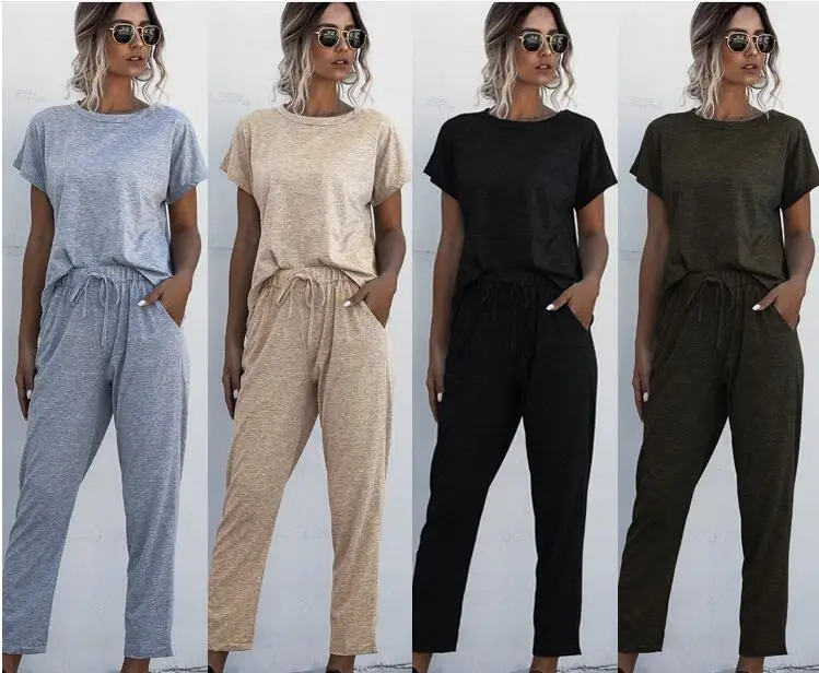 

2 Piece Set Women Tracksuits Sweatsuit O-Neck short Sleeve Sweatshirt+Pants Sporting Suit Female Sportswear Outfit