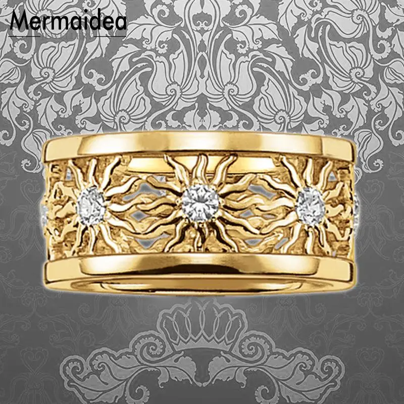 Золотистые обручальные кольца в форме солнца посеребренные циркониевые ПАВЕ