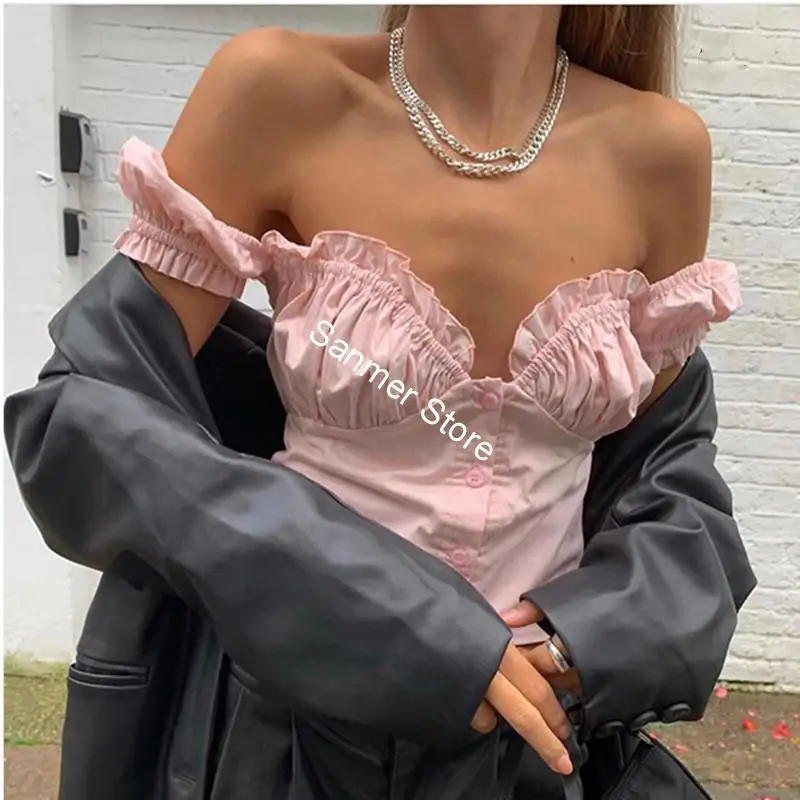 

Spring Summer Women Sexy Blouse Pink White Color Puff Sleeve Vintage Single Breasted Tops Female Clothes