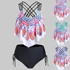 Женский купальник-бикини с принтом перьев, с оборками и перекрестными ремешками, летняя Топ для плавания на бретелях, 2020