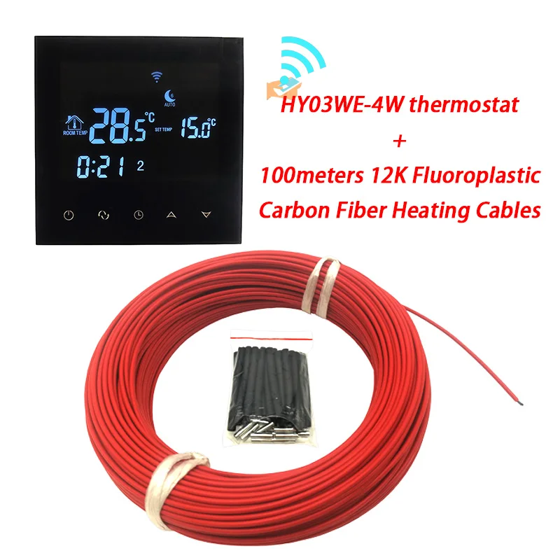 100m and HY03WE-4W 100 м 12 к фторопласт с термостатом может быть отправлен из России Красный Инфракрасный углеродный волоконный теплый пол нагревательный кабель Minco Heat - Цвет: 100m and HY03WE-4W