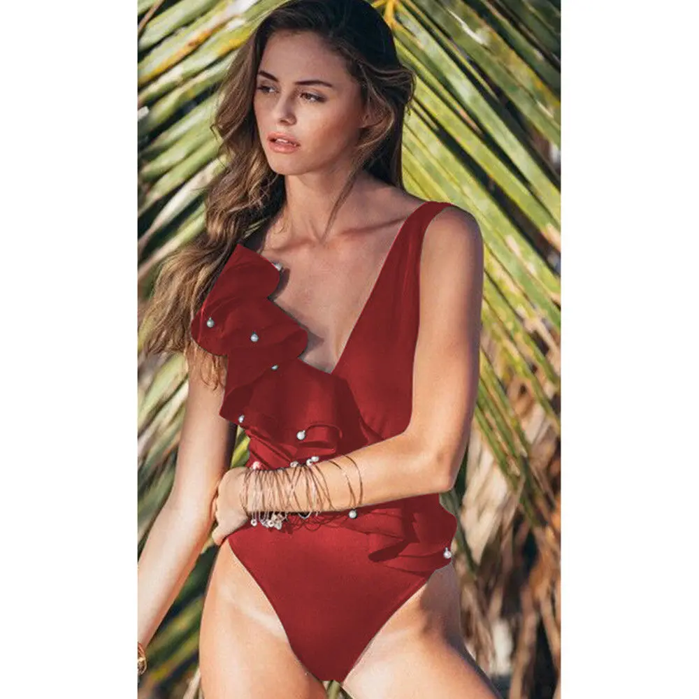 Слитный купальник с жемчужинами и оборками женский новинка 2020 купальный костюм