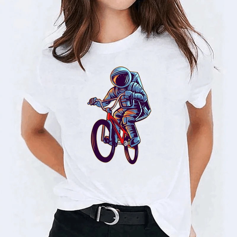 

Summer Fashion Shirt Space Traveler Print T-shirt Pattern Casual Women's Top O Collar Funny Girl White Tees Street Style S-4XL