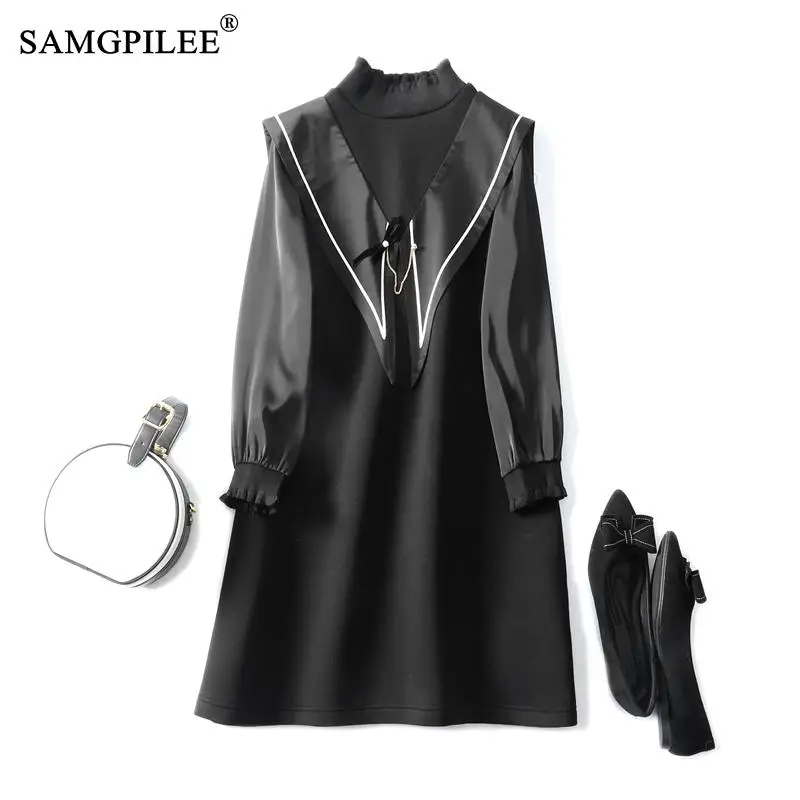 

Женское платье-трапеция с длинным рукавом, круглым вырезом и аппликацией